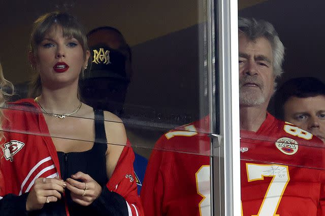 <p>Jamie Squire/Getty Images</p> Taylor Swift and Ed Kelce watch the Kansas City Chiefs