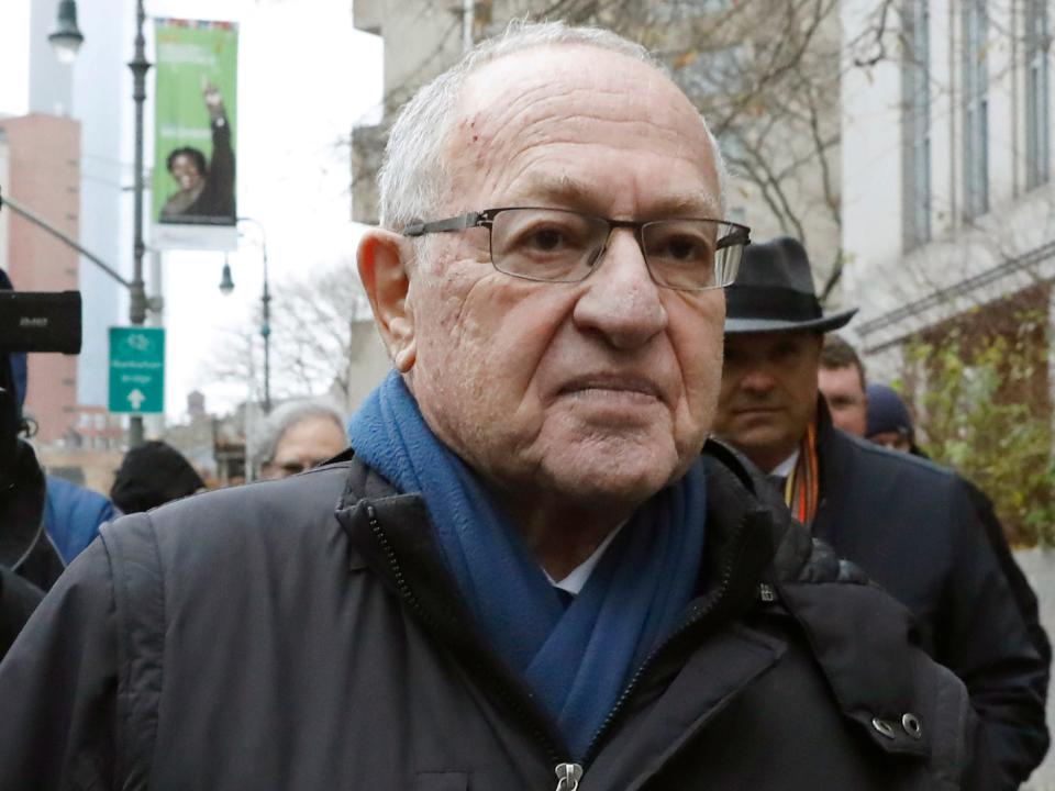 FILE - In this Dec. 2, 2019 file photo, Attorney Alan Dershowitz leaves federal court, in New York. President Donald Trump's legal team will include former Harvard University law professor Alan Dershowitz and Ken Starr, the former independent counsel who led the Whitewater investigation into President Bill Clinton, according to a person familiar with the matter. The team will also include Pam Bondi, the former Florida attorney general.(AP Photo/Richard Drew)