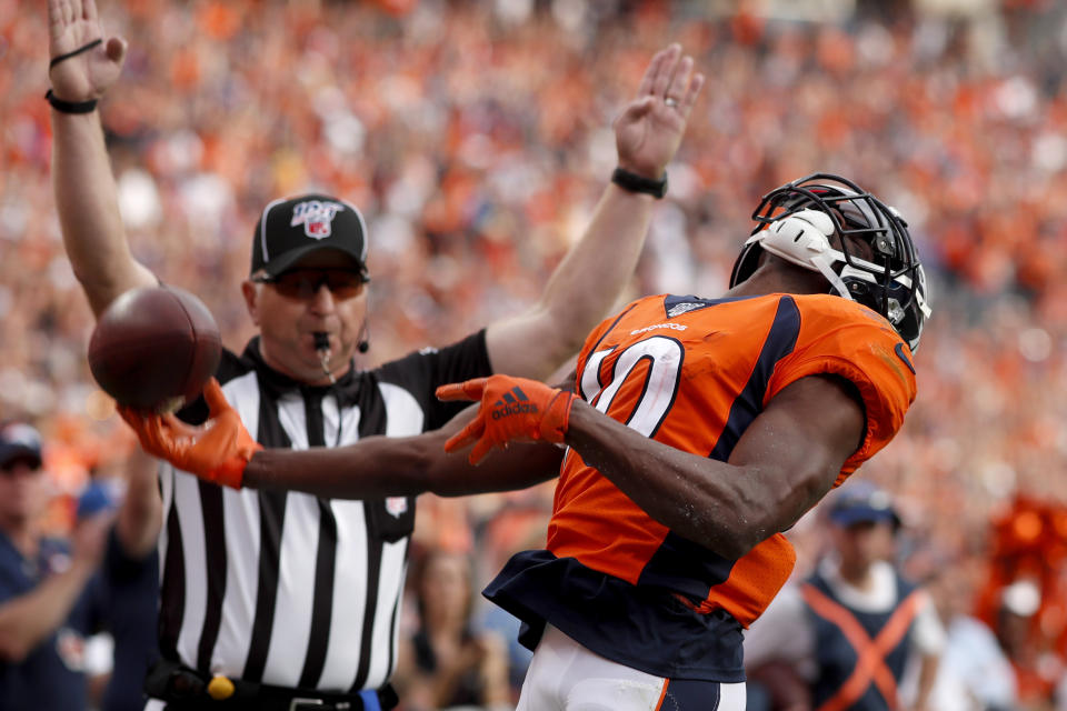 Denver Broncos wide receiver Emmanuel Sanders (10) celebrates his touchdown against the Chicago Bears during the second half of an NFL football game, Sunday, Sept. 15, 2019, in Denver. (AP Photo/David Zalubowski)