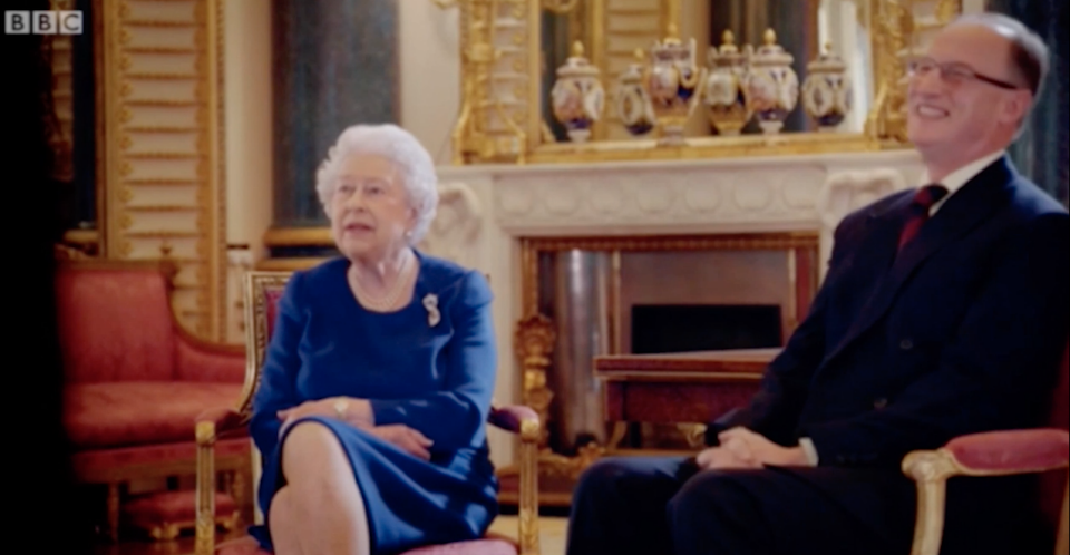 The show saw the Queen sitting with royal expert commenter Alastair Bruce, answering his questions in the most hilarious way. Photo: BBC