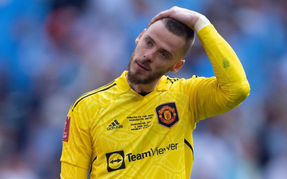 Manchester United's David de Gea reacts after losing the Emirates FA Cup final between Manchester City and Manchester United at Wembley Stadium on June 3, 2023 in London, England