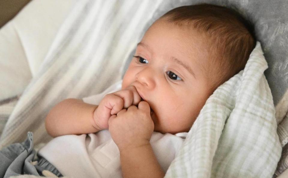 Maximus Gonzalo Carrasco, the son of fallen Selma police officer Gonzalo Carrasco Jr, who died in the line of duty last January 31, sits in his bouncer chair at the home of his mother, Karla Alvarez, in Dinuba on Tuesday, May 9, 2023. Baby Max was born on Feb. 27, just about a month after his father’s murder. CRAIG KOHLRUSS/ckohlruss@fresnobee.com