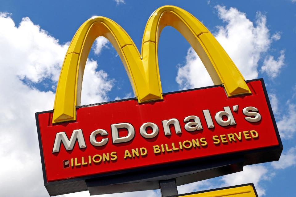 This June 25, 2019, photo shows the sign outside a McDonald's restaurant in Pittsburgh. The McRib, the fast food sandwich that went viral before viral was a thing, is coming back.