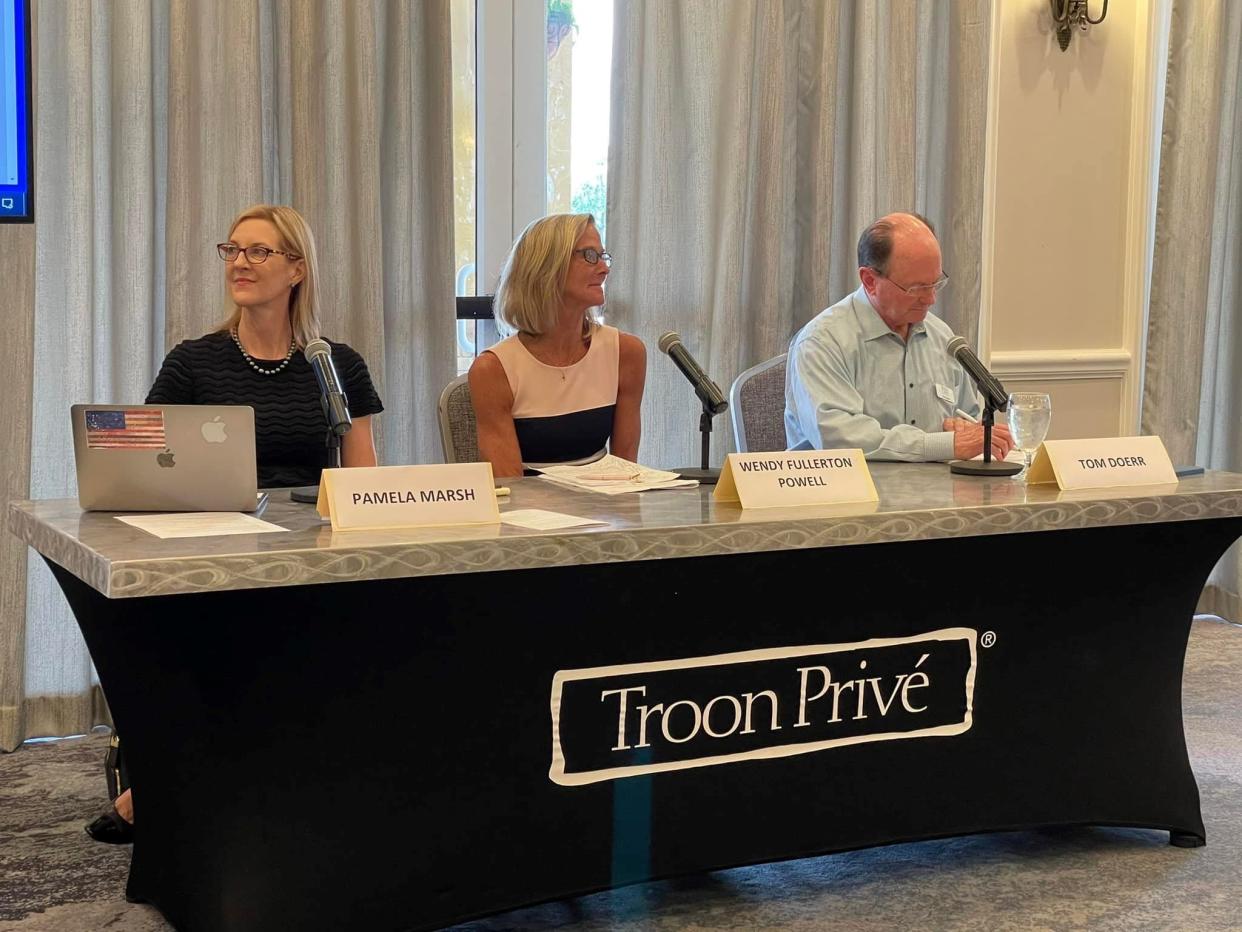 The Press Club of Southwest Florida had a panel discussion on the First Amendment and its impacts on local journalism during its April 28 meeting and luncheon at Tiburon Golf Club in Naples. The panelists, left to right, were Pamela Marsh, executive editor, First Amendment Foundation, Wendy Fullerton Powel, Executive Editor for the Naples Daily News and Southwest Florida region editor, and Tom Doerr, Director of Local News & Content for the Fort Myers Broadcasting Company.