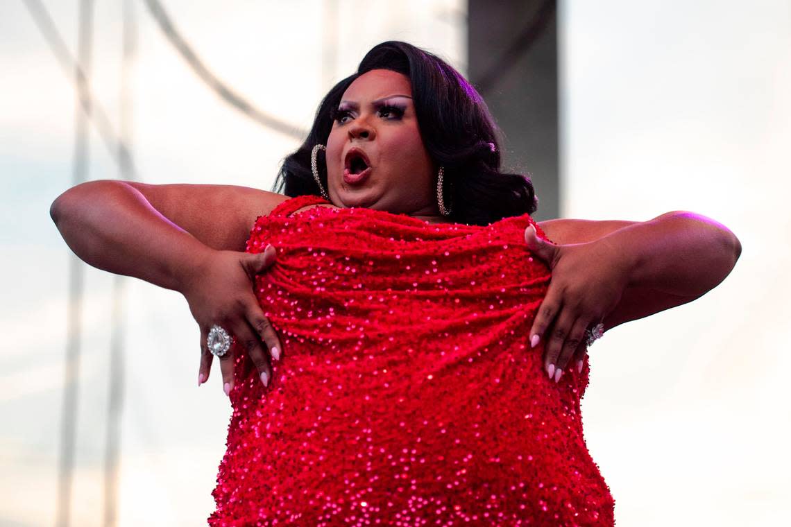 Drag Queen Kiara Mel performs as an opening act for Chappell Roan at Red Hat Amphitheater on Wednesday, June 12, 2024. Mel handmade her dress for the performance after finding out she was selected to be one of the opening queens at the Raleigh show.