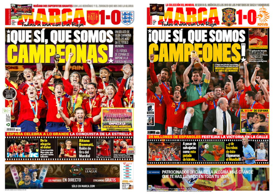 Las portadas de <em>Marca</em> en agosto de 2023, tras la victoria de la selección femenina de fútbol en el Mundial, y la de julio de 2007, tras la victoria de la selección masculina de fútbol en el Mundial. Marca