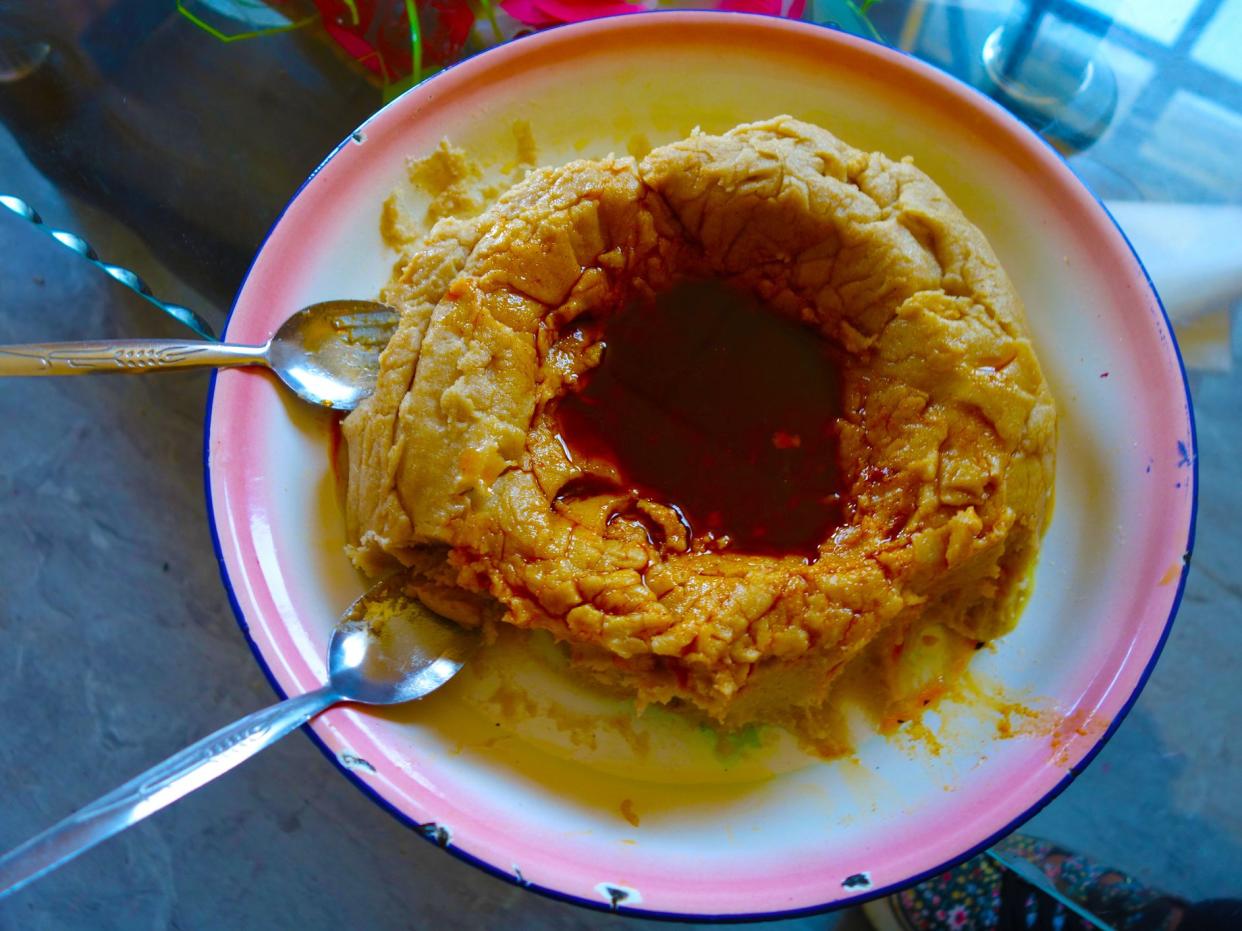 Genfo-a thick porridge eaten for breakfast in Ethiopia. It's made with barley, wheat and corn flour.