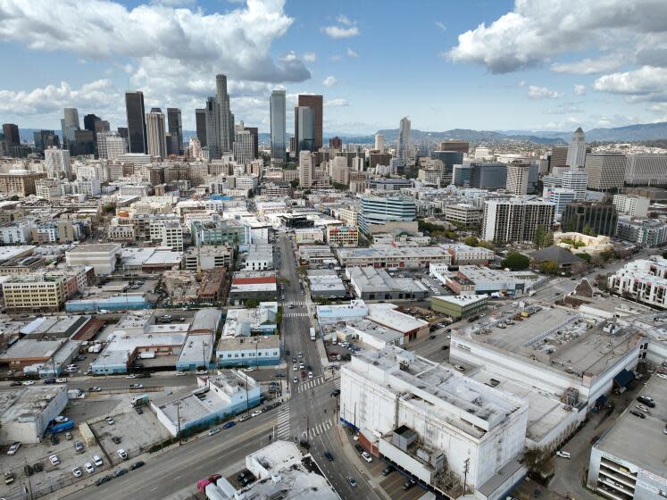 An aerial view of the area neighboring Central Avenue and 4th Street downtown Los Angeles.