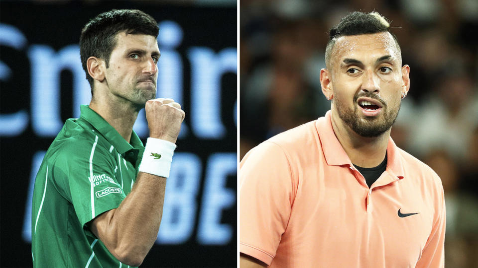 Novak Djokovic (pictured left) fist-pumping and celebrating and Nick Kyrgios (pictured right) looking confused.