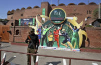 In this Monday, Feb. 17, 2020 photo, a police officer stands guard next to poster of cricket players displayed outside the Gaddafi stadium for upcoming Pakistan Super League, in Lahore, Pakistan. Security concerns stopped foreign cricketers from touring Pakistan four years ago when the country's premier domestic Twenty20 tournament was launched, forcing organizers to stage the event on neutral turf in the United Arab Emirates. When the 2020 edition of the PSL starts in Karachi on Thursday, Darren Sammy of the West Indies and Shane Watson of Australia will be among 36 foreign cricketers involved in the six franchises. (AP Photo/K.M. Chaudary)