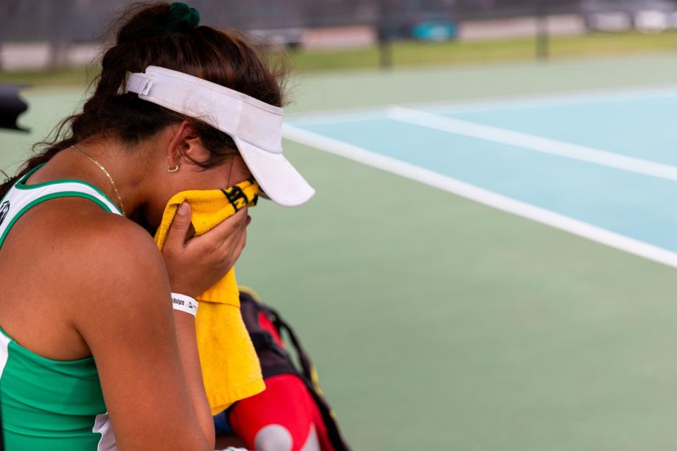 Hillcrest’s Fabiana Gonzalez reacts to her loss in the first singles finals against Orem’s Maya Inouye during the 2023 4A Girls Tennis Championships at Liberty Park Tennis Courts in Salt Lake City on Saturday, Sept. 30, 2023. Inouye won the match during a tie-break game in the third set. | Megan Nielsen, Deseret News