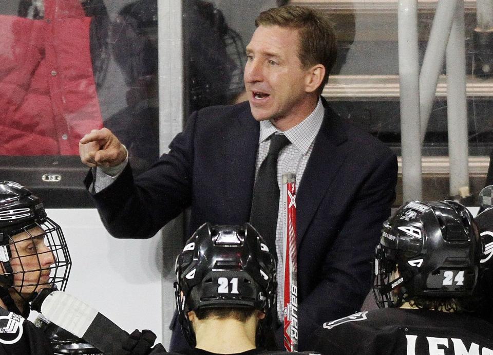 Outgoing Providence College athletic director Bob Driscoll said Nate Leaman, pictured above in March 2017, "has been and continues to be the perfect fit for Providence College men's hockey.”