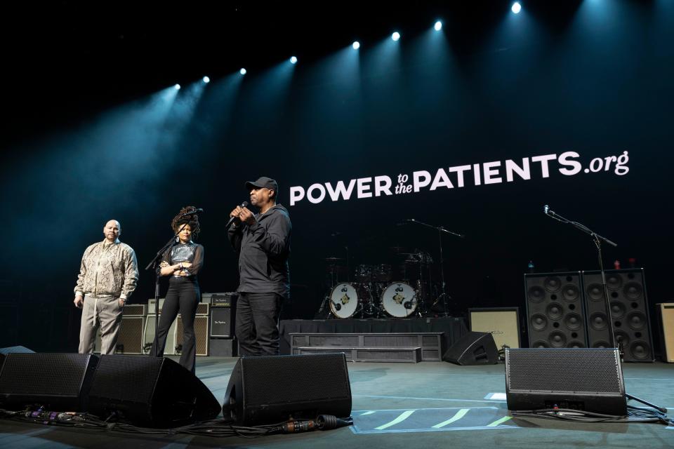 (From left) Fat Joe, Valerie June and Chuck D address attendees at the the Power To The Patients Event March 5, 2024 in Washington. D.C.