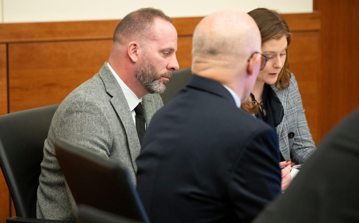 Former Franklin County SWAT deputy Jason Meade, 45, left, sits amid his defense team on Monday, Jan. 29, 2024, during jury selection before his trial in Franklin County Common Pleas Court. Meade is facing charges of murder and reckless homicide in the shooting death of 23-year-old Casey Goodson Jr. on Dec. 4, 2020, outside a North Linden home.