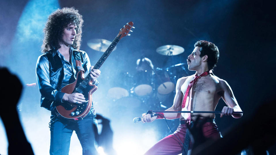 Gwilym Lee as Brian May and Rami Malek as Freddie Mercury in 'Bohemian Rhapsody'. (Credit: Fox)