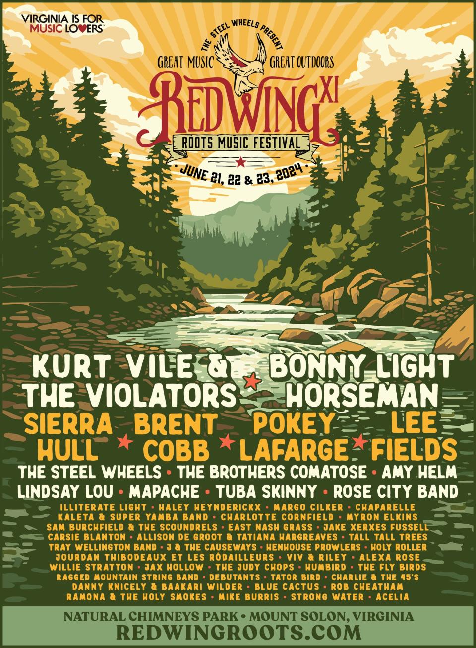 Red Wing Roots Music Festival full line up of artists for the 11th annual music festival June 21-23 at Natural Chimneys Park in Mount Solon, Virginia.