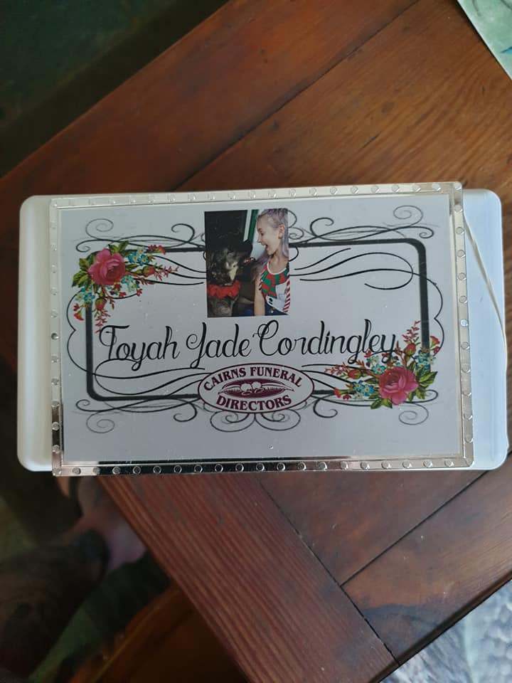 A box of ashes is all that is left of Toyah Cordingley. Source: Facebook/Darren Gardiner