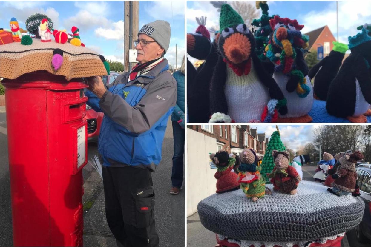 A group of knitters armed with needles and thread decorated postboxes for Christmas: Karen Everest