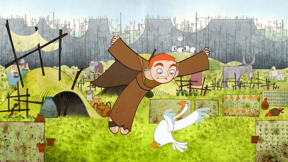 A redheaded boy scares a goose in a still from the Cartoon Saloon animation film The Secret of Kells.