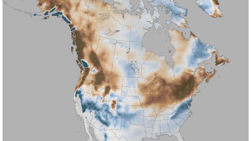 Snowfall during all stronger El Niño winters (January-March) compared to the 1991-2020 average (after the long-term trend has been removed). Blues indicate more snow than average; browns indicate less snow than average. - NOAA Climate.gov