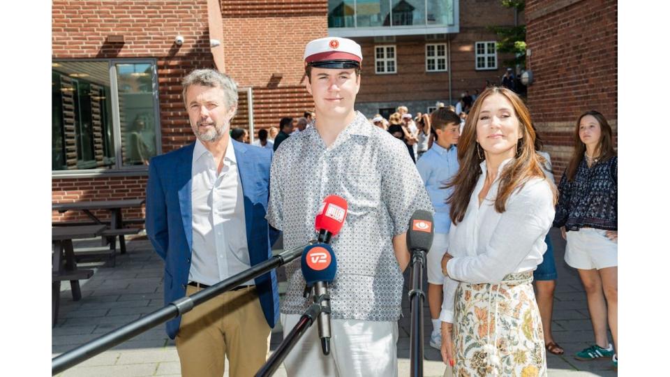 Crown Prince Christian, King Frederik X and Queen Mary meet the press as The Crown Prince Christian of Denmark attends his Graduation Ceremony at Ordrup Gymnasium 