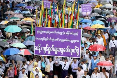 People who oppose the amending of Myanmar's constitution gather at a rally in Yangon