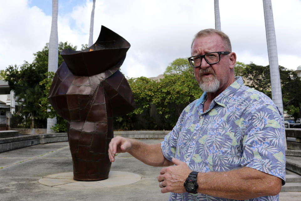 Hawaii state Rep. Bob McDermott, Republican candidate for U.S. Senate, speaks in front of a state veterans memorial in Honolulu, Oct. 25, 2022. Democratic incumbent Sen. Brian Schatz is facing McDermott in the race to represent deep blue Hawaii in Washington. (AP Photo/Audrey McAvoy)