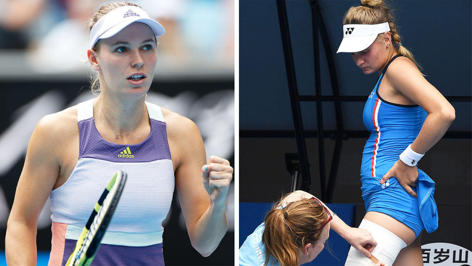 Caroline Wozniacki (pictured left) fist pumps and Dayana Yastremska (pictured right) receives medical treatment.