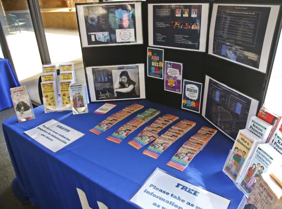 A display on sexual abstinence is pictured at the Oklahoma State Department of Health in Oklahoma City, Tuesday, Dec. 13, 2016. Oklahoma plans to force hospitals, nursing homes, restaurants and public schools to post signs inside public restrooms directing pregnant women where to receive services as part of an effort to reduce abortions in the state. (AP Photo/Sue Ogrocki)