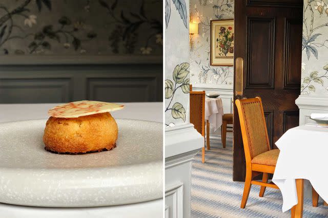 <p>William Craig Moyes</p> From left: A white-peach choux pastry at Fischer’s Baslow Hall; Fischer’s dining room.