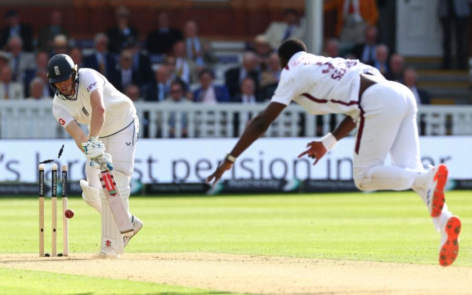 England's Zak Crawley is bowled out by West Indies' Jayden Seales