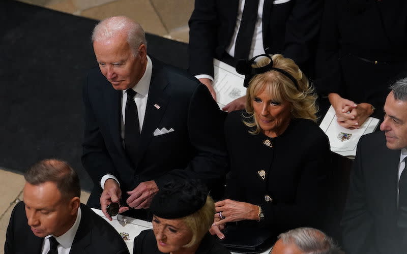 The Bidens arrive for the state funeral of the queen.