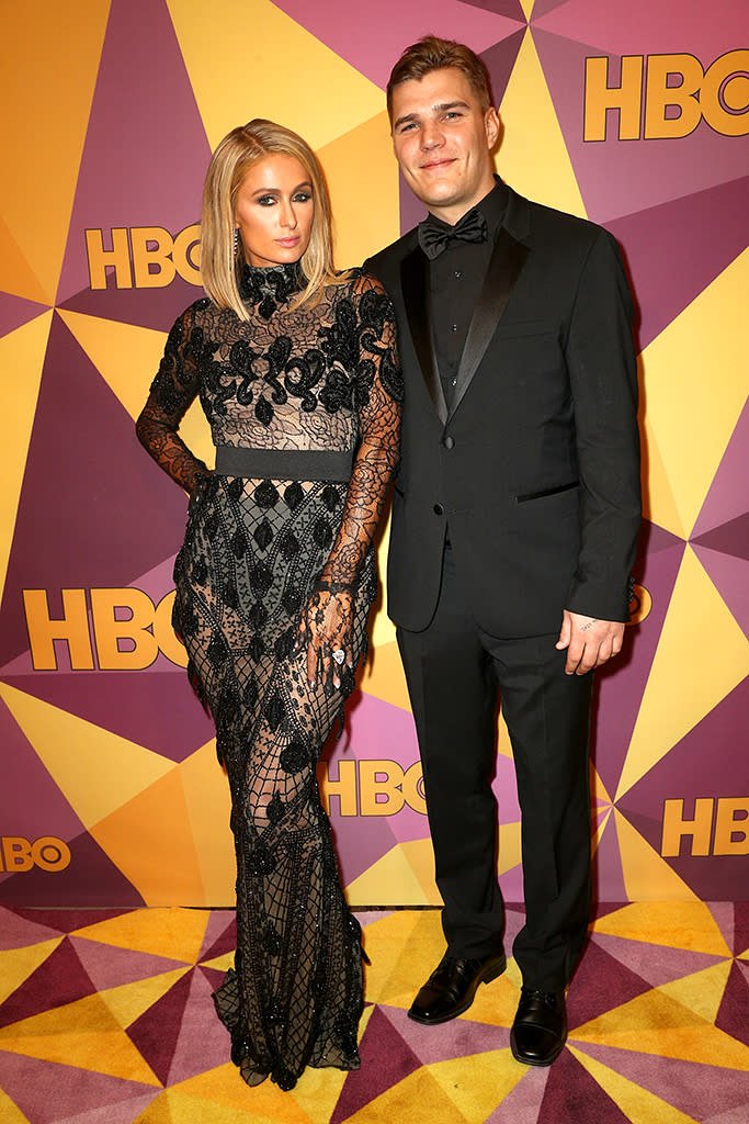 <p>Newly engaged Paris Hilton and her fiancé, Chris Zylka, attend HBO’s after-party at Circa 55 restaurant. (Photo: Frederick M. Brown/Getty Images) </p>