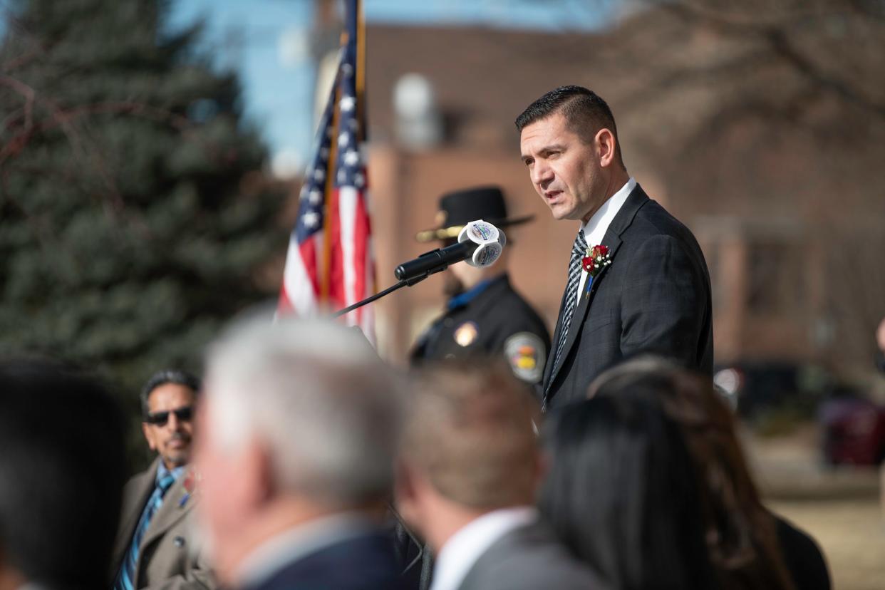 Pueblo County Sheriff David Lucero addresses the crowd during a swearing-in ceremony at the Pueblo County Courthouse on Jan. 10.