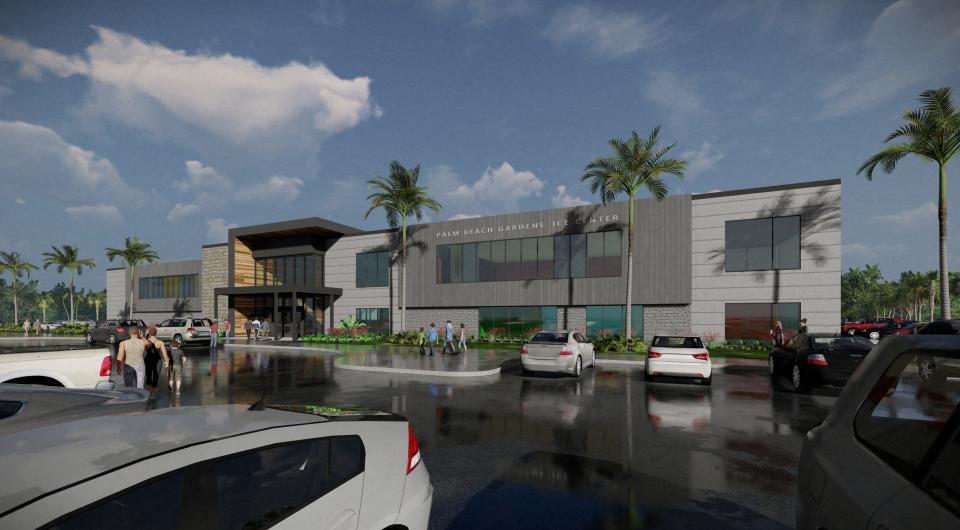 This rendering shows an exterior view of the proposed ice rink facility that would be built should Palm Beach Gardens move forward with a public-private partnership with Palm Beach North Athletic Foundation for Plant Drive Park