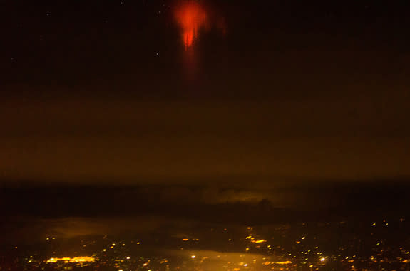 A red sprite with a classic jellyfish shape viewed Aug. 6, 2013 above Canadian County, Okla.