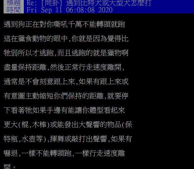 網友回答「遇到比特犬或大型犬怎麼打」。（圖／翻攝自PTT）