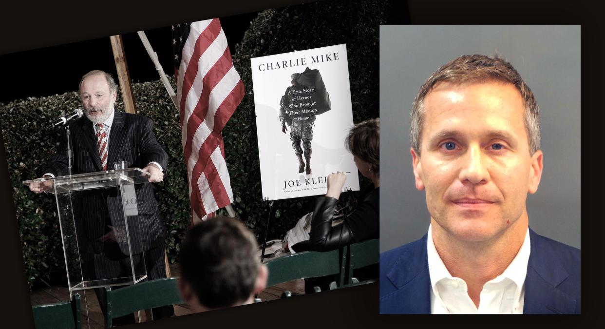 Author Joe Klein at a Washington book party for “Charlie Mike” in 2015, and Missouri Gov. Eric Greitens in a police booking photo in St. Louis on Feb. 18. (Photos: Paul Morigi/Getty Images, St. Louis Metropolitan Police Dept./Handout via Reuters)