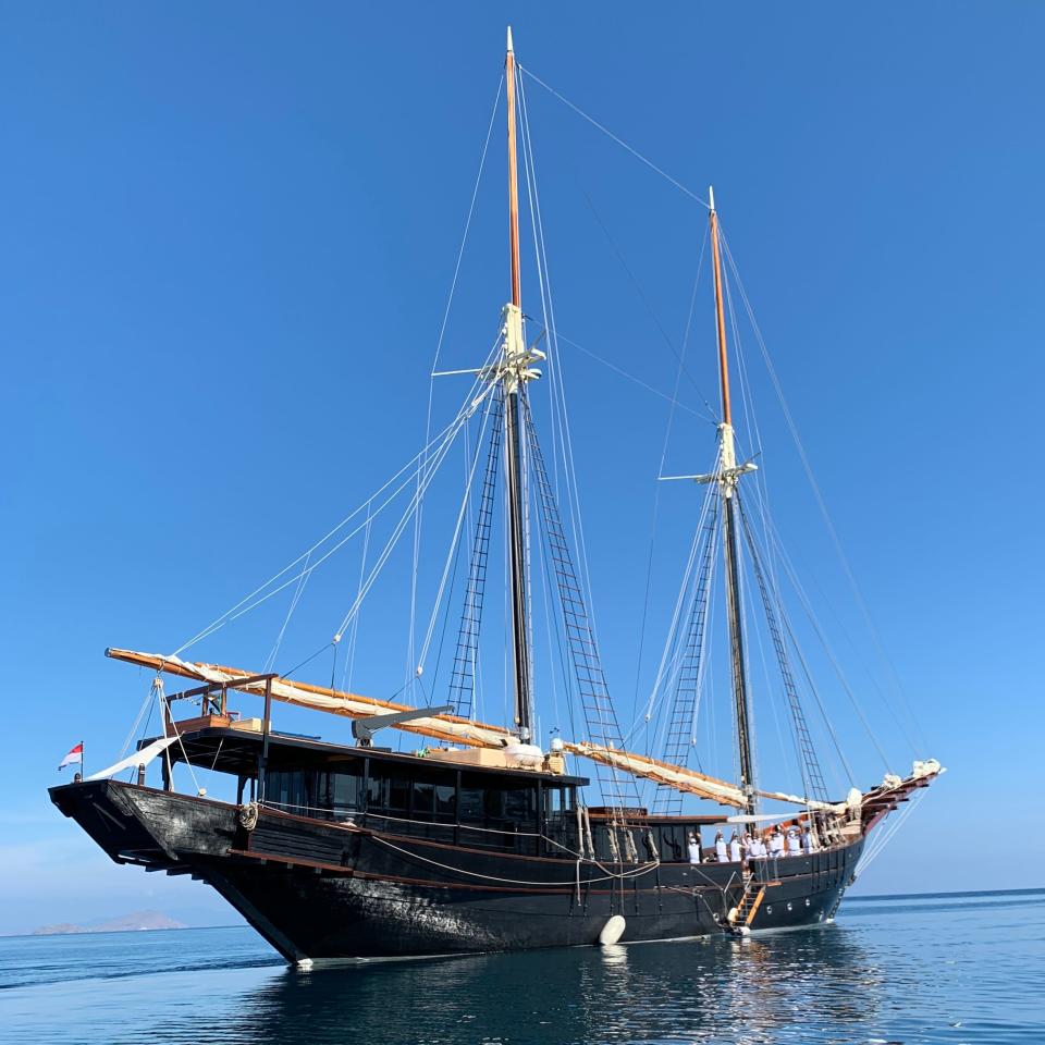 A view of Amandira, a two-masted wooden phinisi Indonesian sailing boat used by Aman Resorts.