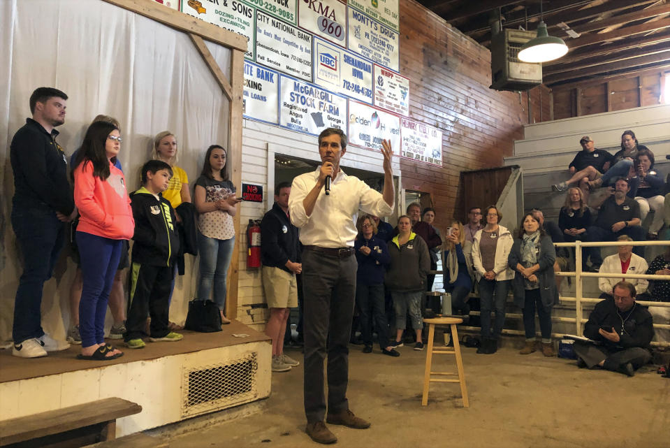 In this May 5, 2019, file photo, Democratic presidential candidate Beto O’Rourke addresses a town hall in Shenandoah, Iowa. O’Rourke entered the 2020 presidential race in mid-March as a political phenomenon, addressing overflow crowds around the country in off-the-cuff ways. Now, with that buzz cooling, O'Rourke is preparing a planned "re-introduction" that will see him do more national television appearances and concentrate on producing a series of detailed policy proposals. (AP Photo/Will Weissert)