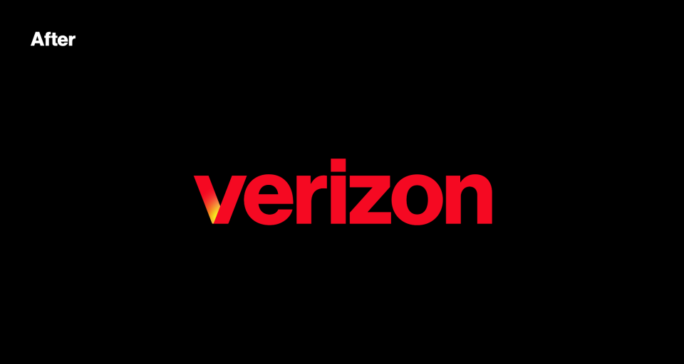 Verizon's new logo includes a red V with a yellow shimmer, used alone and in the name ": Verizon."