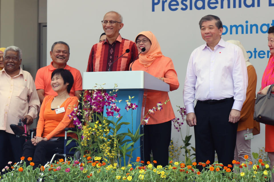 President-elect Halimah Yacob speaking at the Nomination Centre in King George’s Avenue on 13 September 2017 after she was declared as Singapore’s next President. (Photo: Dhany Osman/Yahoo News Singapore)
