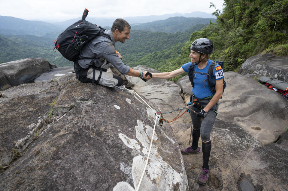 Bear Grylls and Emma Roca of Team Summit during the 2019 Eco-Challenge adventure race in Fiji on Saturday, September 14, 2019. (Corey Rich/Amazon)