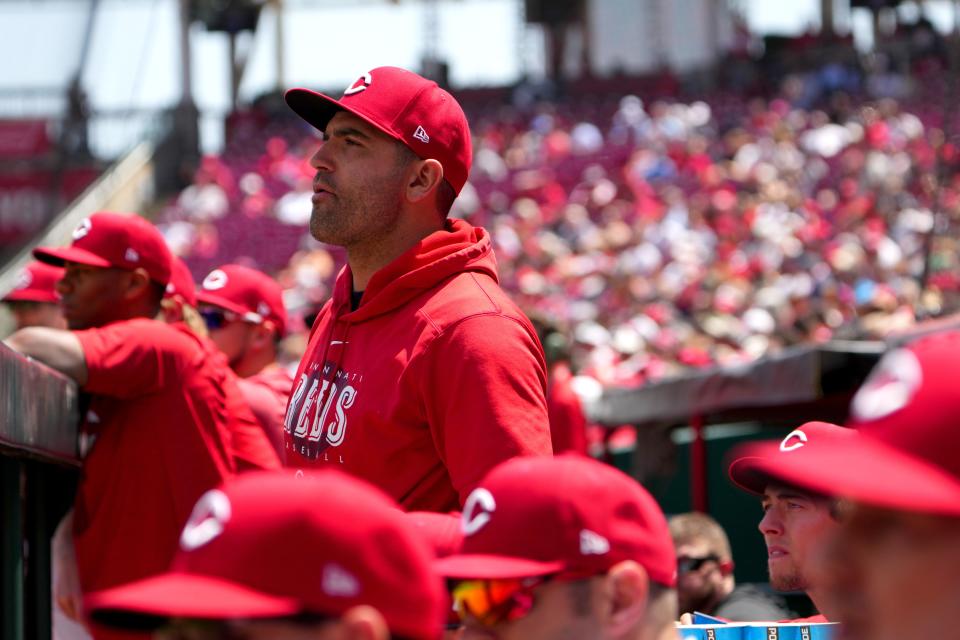 Cincinnati Reds first baseman Joey Votto (19) watches the game in the eighth inning during a baseball game between the St.  Louis Cardinals and the Cincinnati Reds, Thursday, May 25, 2023, at Great American Ball Park in Cincinnati.