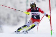 Switzerland's Wendy Holdener speeds down the course during an alpine ski, women's World Cup slalom, in Spindleruv Mlyn, Czech Republic, Saturday, Jan. 28, 2023. (AP Photo/Piermarco Tacca)