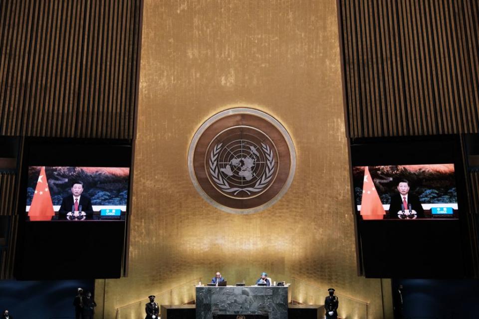 Chinese president Xi Jinping virtually addresses the 76th Session of the UN General Assembly in New York on September 21, 2021.<span class="copyright">Spencer Platt—POOL/AFP/Getty Images</span>