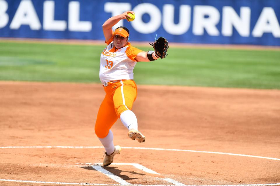 Payton Gottshall pitches for Tennessee softball vs South Carolina in SEC Tournament championship on May 13, 2023 in Fayetteville, Arkansas