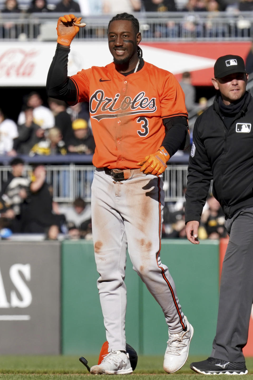 Baltimore Orioles' Jorge Mateo (3) reacts after hitting a double during the sixth inning of a baseball game against the Pittsburgh Pirates, Saturday, April 6, 2024, in Pittsburgh. (AP Photo/Matt Freed)