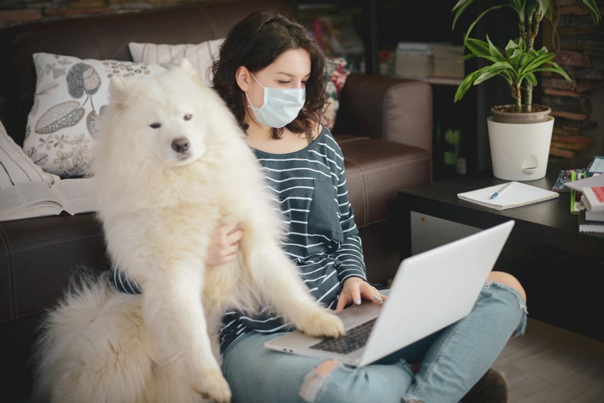 <span class="caption">COVID-19 has caused colleges to spend more to cope with the pandemic. </span> <span class="attribution"><a class="link " href="https://www.gettyimages.com/detail/photo/beautiful-young-woman-working-at-home-with-dog-royalty-free-image/1215354586?adppopup=true" rel="nofollow noopener" target="_blank" data-ylk="slk:elenaleonova/GettyImages;elm:context_link;itc:0;sec:content-canvas">elenaleonova/GettyImages</a></span>