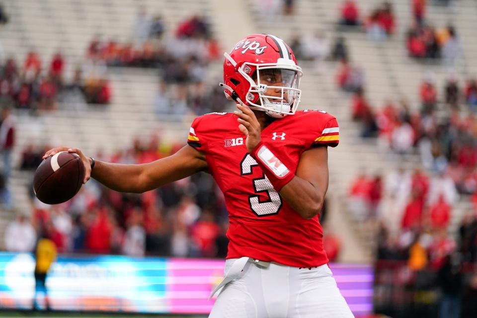 Maryland quarterback Taulia Tagovailoa warms up during the second half of MSU's 27-13 loss on Saturday, Oct. 1, 2022, in College Park, Maryland.